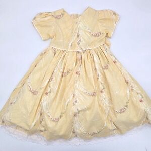 Vintage Toddler Yellow Floral Handmade Dress Lace Trim Puff Sleeve Size 3/4T